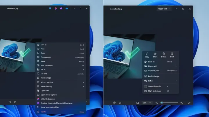 Context menu comparison between old Photos and new Photos