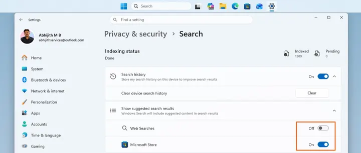 Ability to turn off web searches in Windows 11