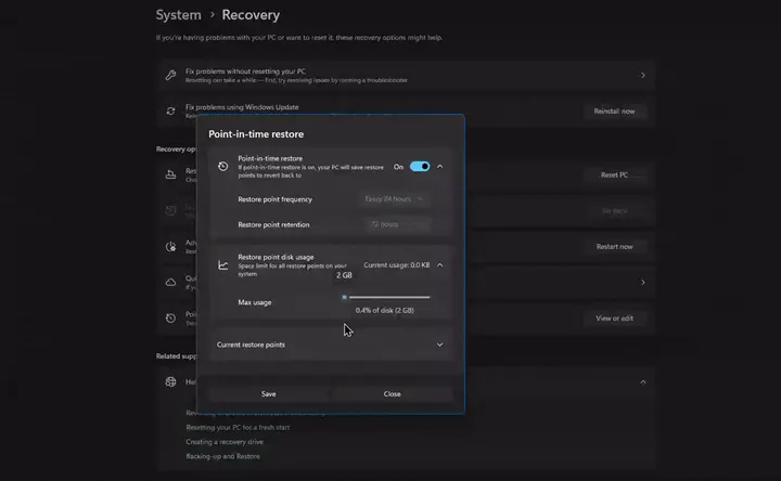 Point-in-time Restore size options