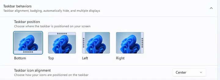 Taskbar position adjustment in Windows 11