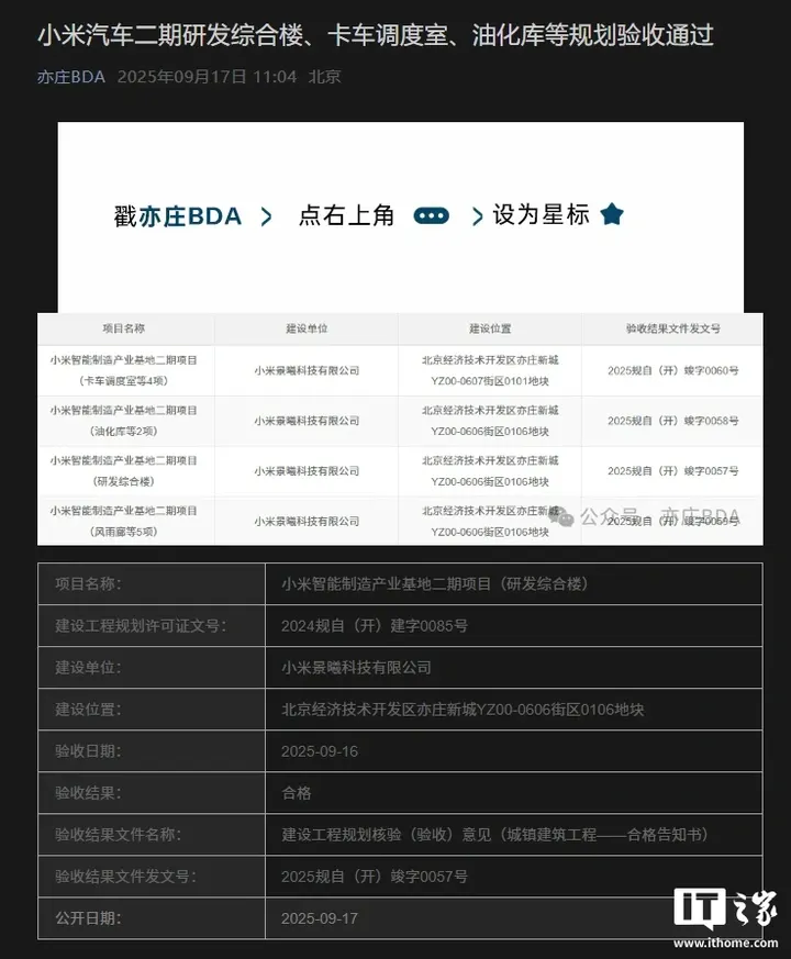小米汽车二期工厂研发综合楼、卡车调度室、油化库等规划验收通过